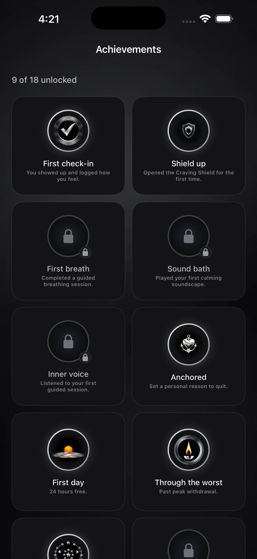 Vow achievements: first check-in, Shield up, anchored, first day