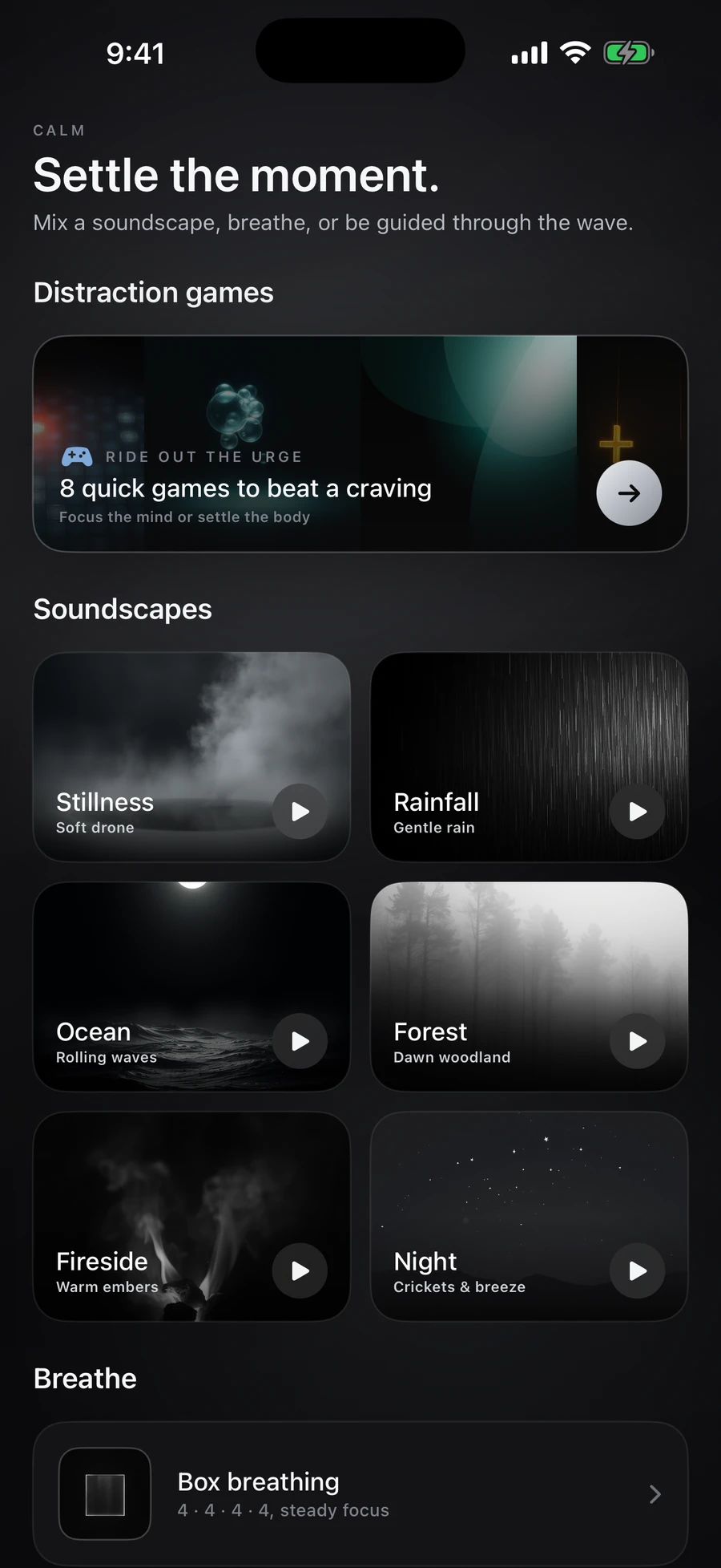 The Calm tab with soundscapes, distraction games and box breathing
