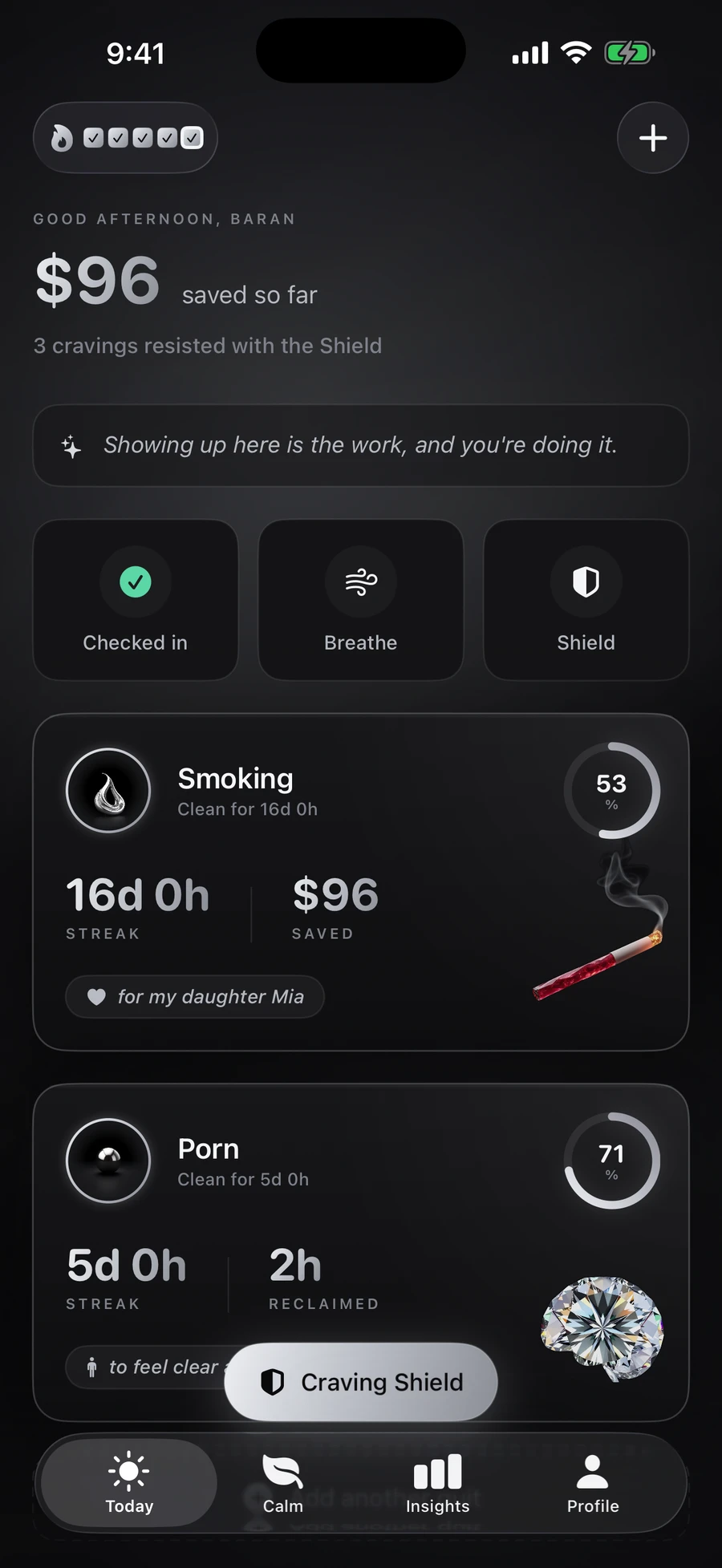 Vow Today screen with a streak and time reclaimed for each habit
