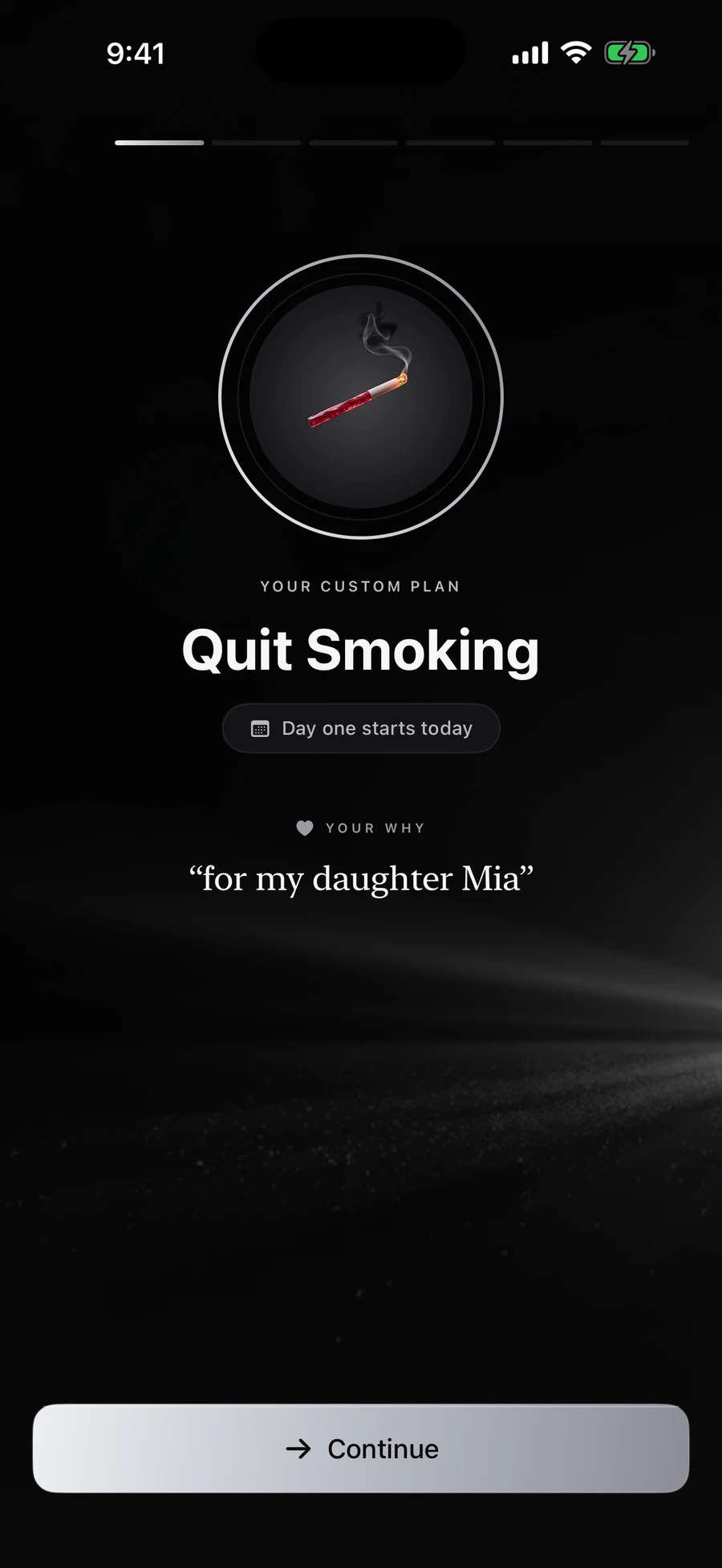 Vow plan screen: Your custom plan — Quit Smoking — Day one starts today, for my daughter Mia